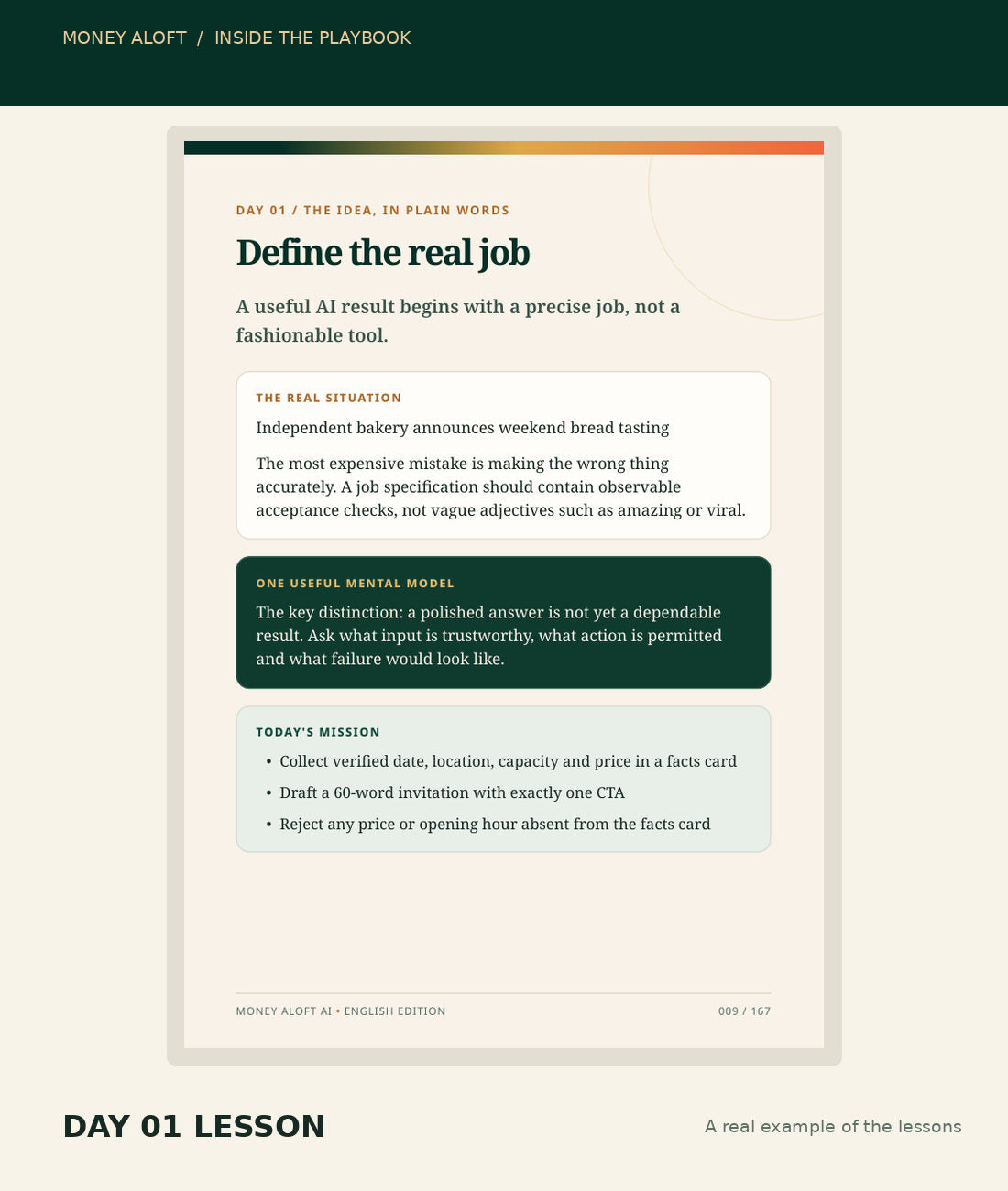 English edition sample page showing Day 1 AI lesson and mission